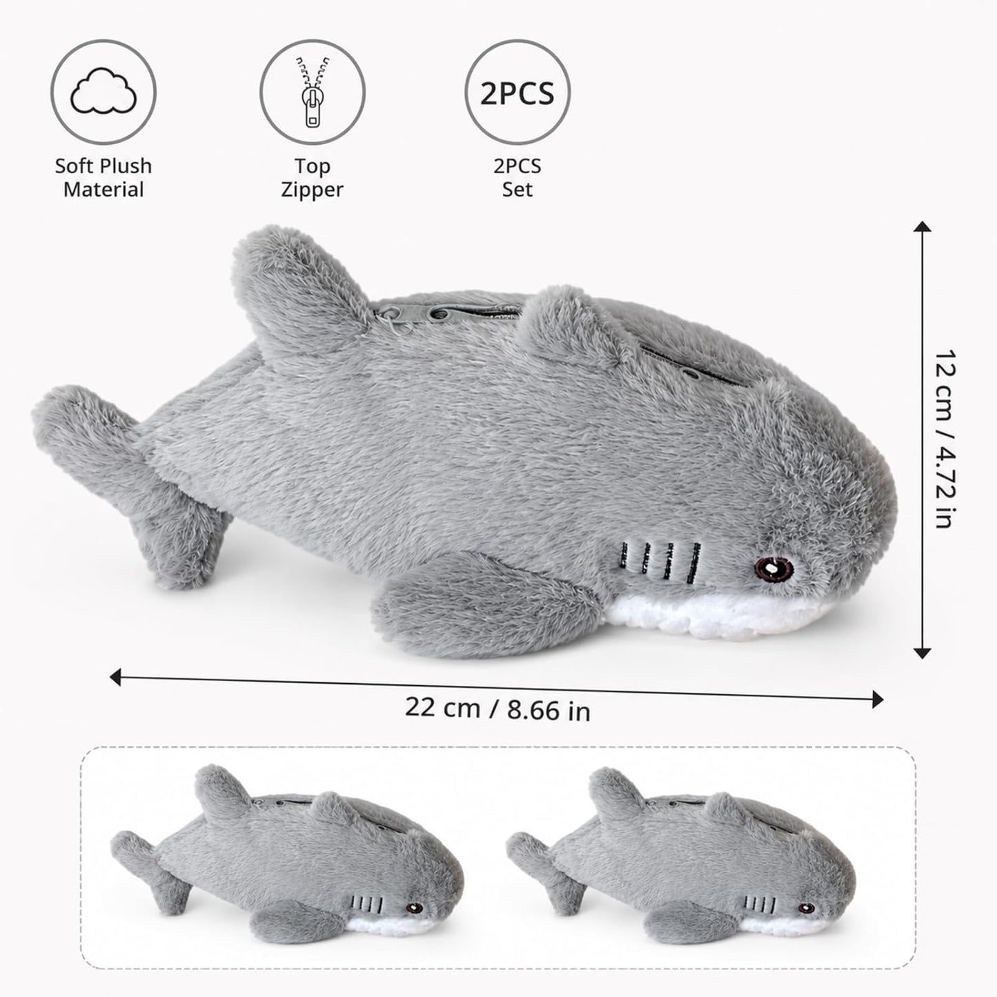 2PCS Shark Pencil Case, Animal Pencil Case, Plush Pencils Case, Durable Zipper, Soft Plush Material