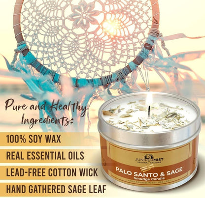 Palo Santo & Sage Smudge Candle (6Oz) Ground & Purify - Pure Sage Energy Cleansing Candle for House Cleansing Negative Energy – Spiritual for Protection & Intention – Soy Wax - Made in the USA