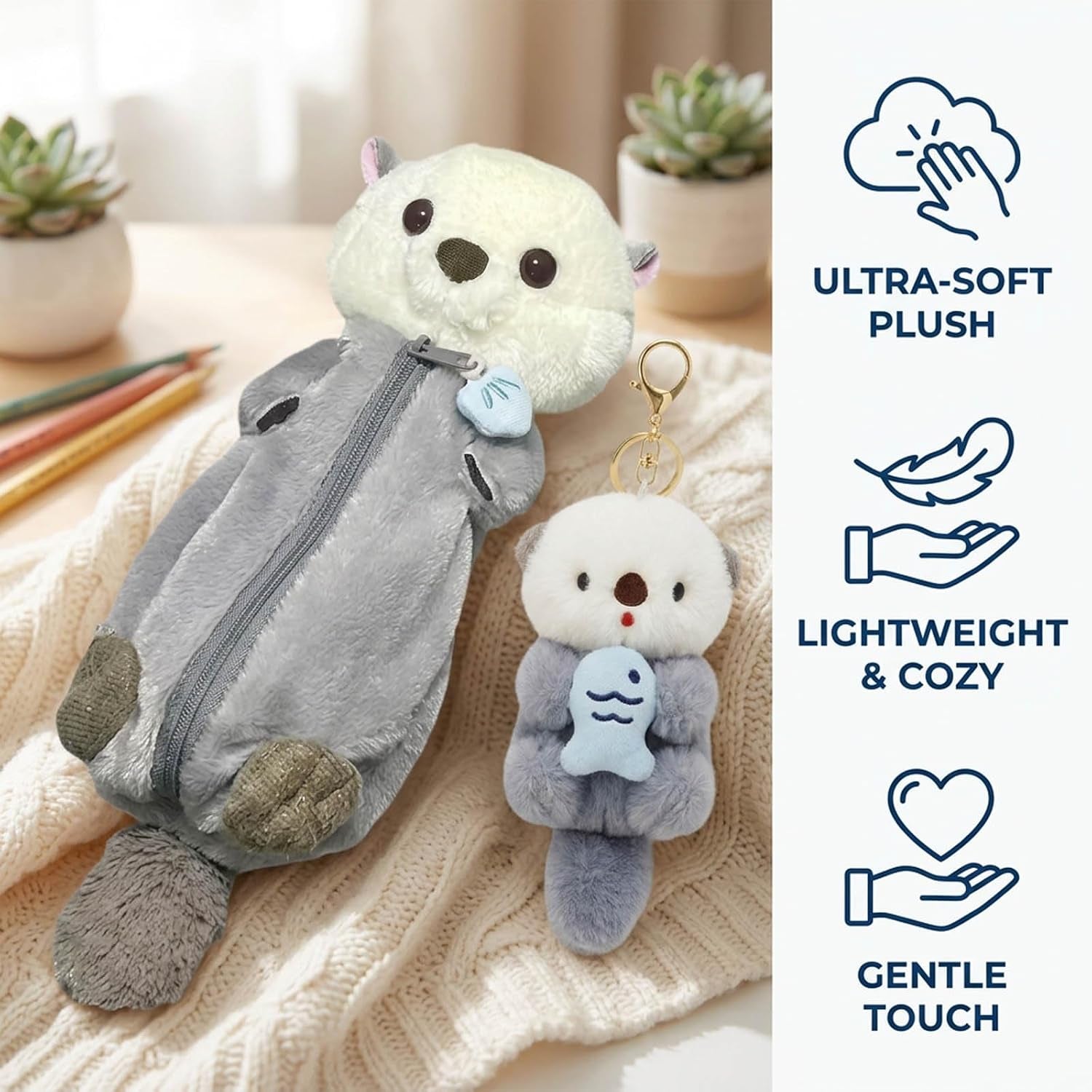 2-Piece Set Animal Pencil Case, Plush Pencil Case with Sea Otter Design and Light Blue Otter Holding Fish, Soft Fabric Storage for Office, and Travel Organization (Ages 14+)