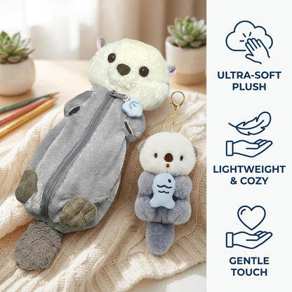 2-Piece Set Animal Pencil Case, Plush Pencil Case with Sea Otter Design and Light Blue Otter Holding Fish, Soft Fabric Storage for Office, and Travel Organization (Ages 14+)