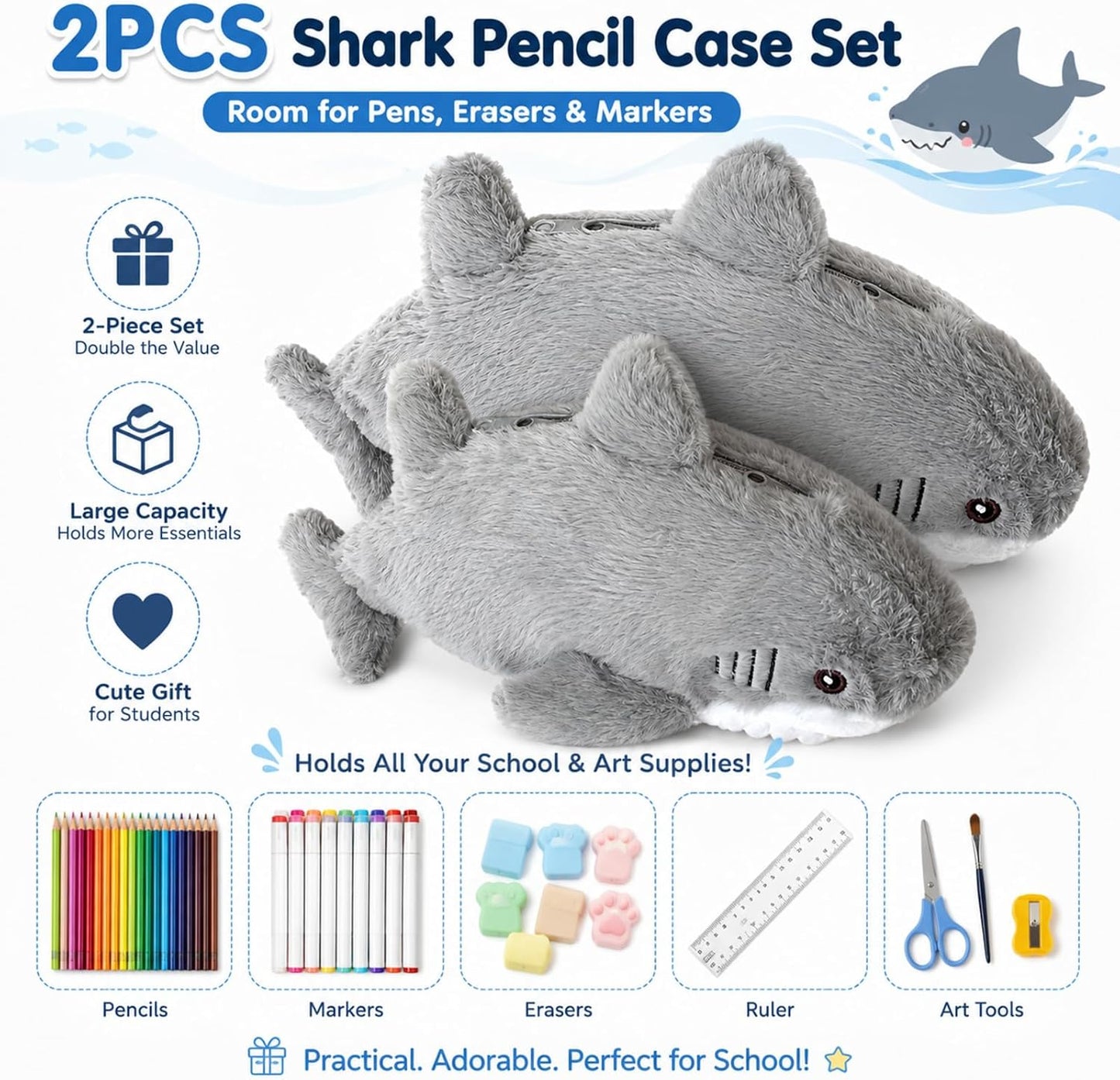 2PCS Shark Pencil Case, Animal Pencil Case, Plush Pencils Case, Durable Zipper, Soft Plush Material