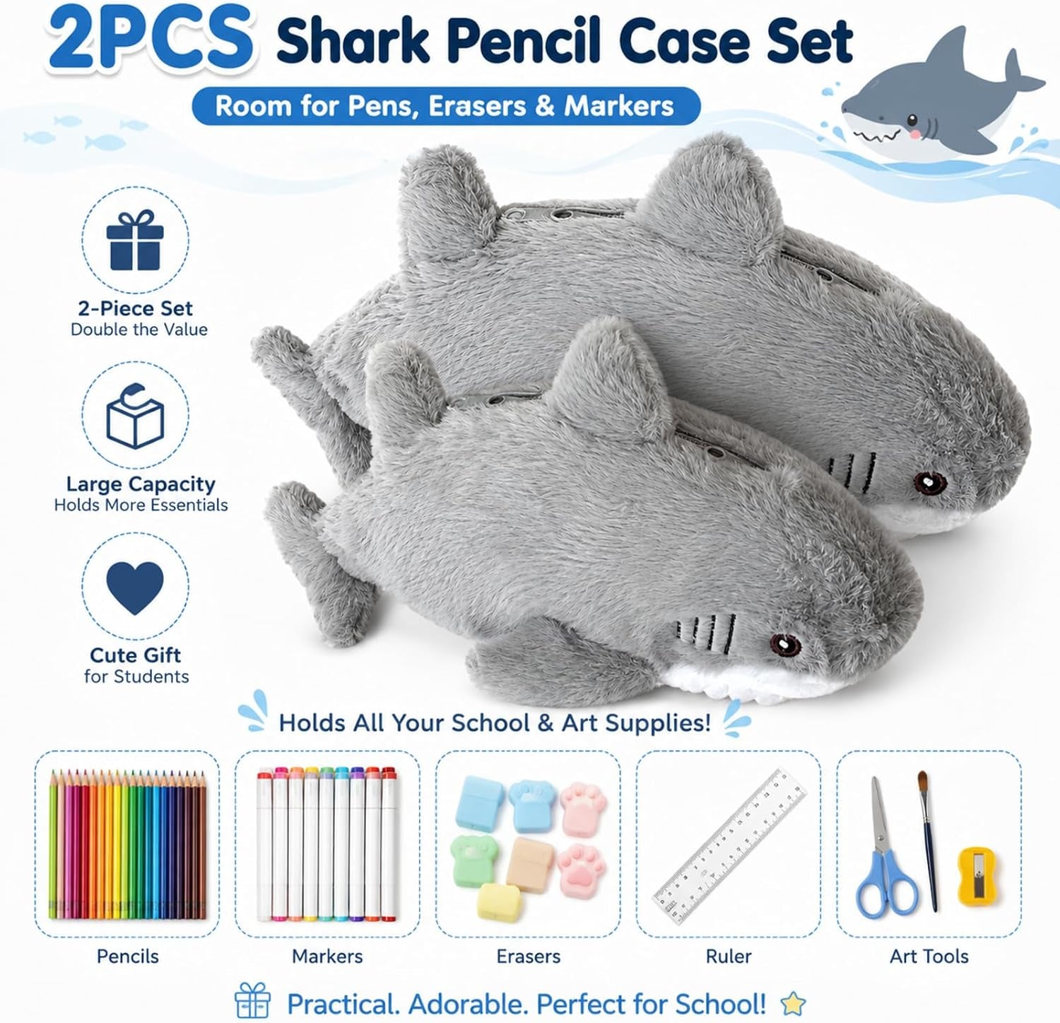 2PCS Shark Pencil Case, Animal Pencil Case, Plush Pencils Case, Durable Zipper, Soft Plush Material