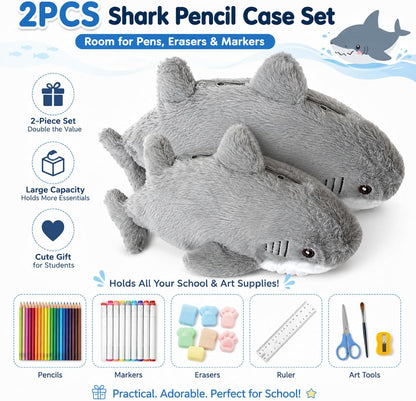 2PCS Shark Pencil Case, Animal Pencil Case, Plush Pencils Case, Durable Zipper, Soft Plush Material
