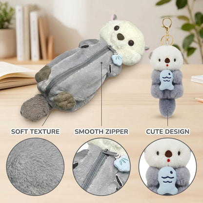 2-Piece Set Animal Pencil Case, Plush Pencil Case with Sea Otter Design and Light Blue Otter Holding Fish, Soft Fabric Storage for Office, and Travel Organization (Ages 14+)