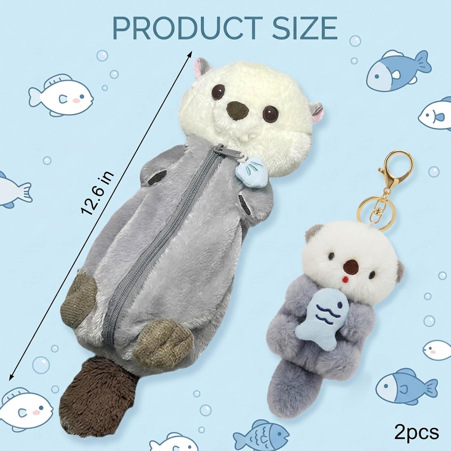 2-Piece Set Animal Pencil Case, Plush Pencil Case with Sea Otter Design and Light Blue Otter Holding Fish, Soft Fabric Storage for Office, and Travel Organization (Ages 14+)