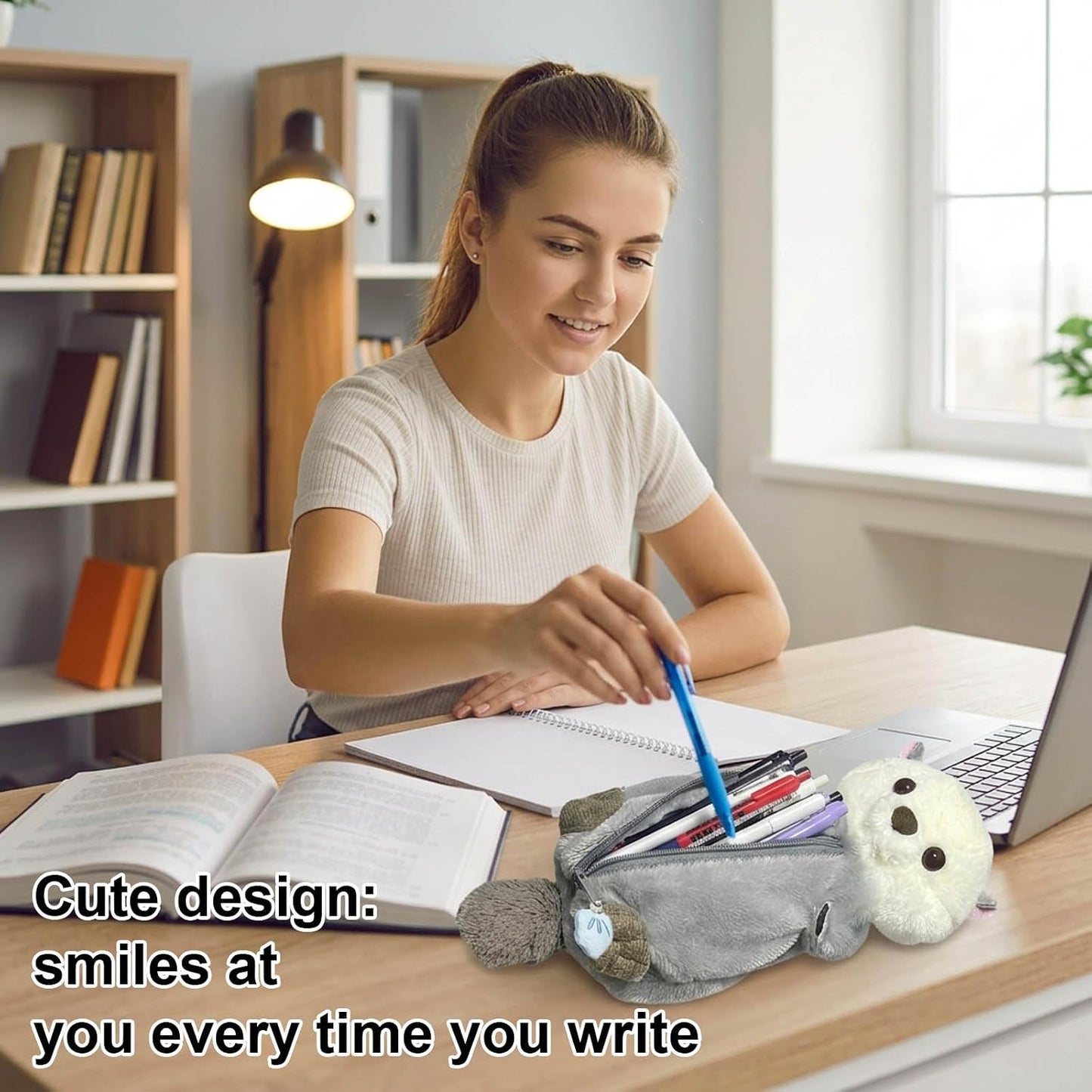 2-Piece Set Animal Pencil Case, Plush Pencil Case with Sea Otter Design and Light Blue Otter Holding Fish, Soft Fabric Storage for Office, and Travel Organization (Ages 14+)