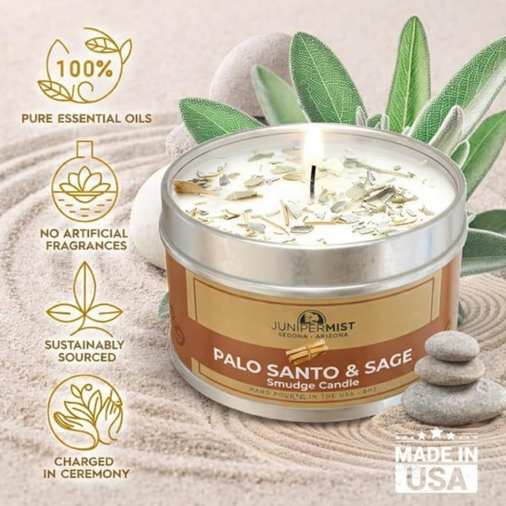 Palo Santo & Sage Smudge Candle (6Oz) Ground & Purify - Pure Sage Energy Cleansing Candle for House Cleansing Negative Energy – Spiritual for Protection & Intention – Soy Wax - Made in the USA