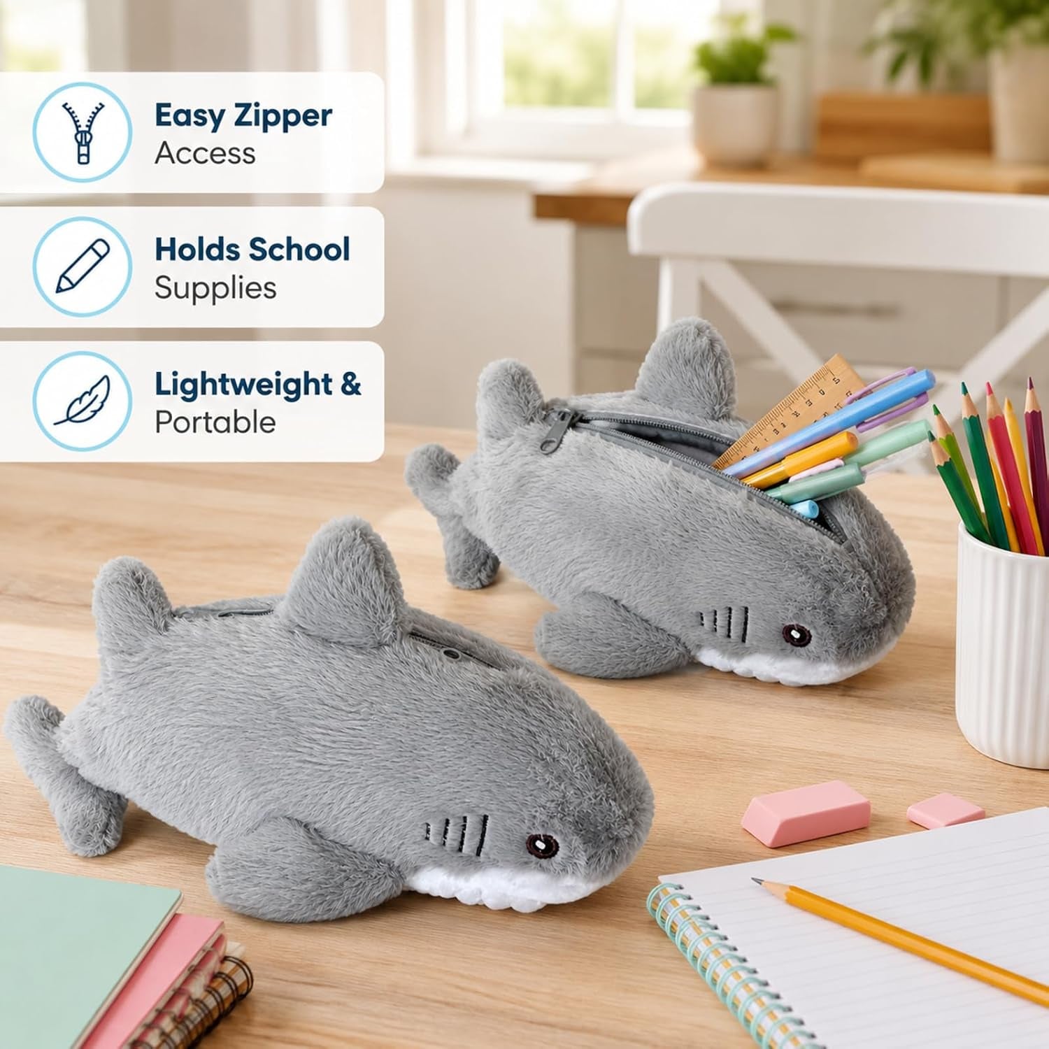 2PCS Shark Pencil Case, Animal Pencil Case, Plush Pencils Case, Durable Zipper, Soft Plush Material