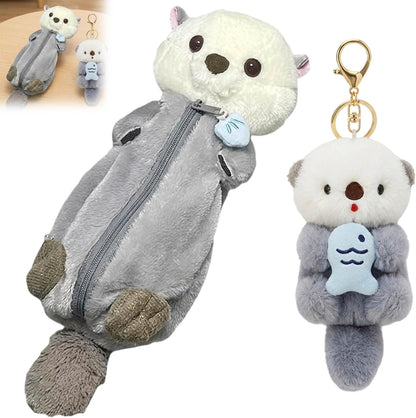 2-Piece Set Animal Pencil Case, Plush Pencil Case with Sea Otter Design and Light Blue Otter Holding Fish, Soft Fabric Storage for Office, and Travel Organization (Ages 14+)